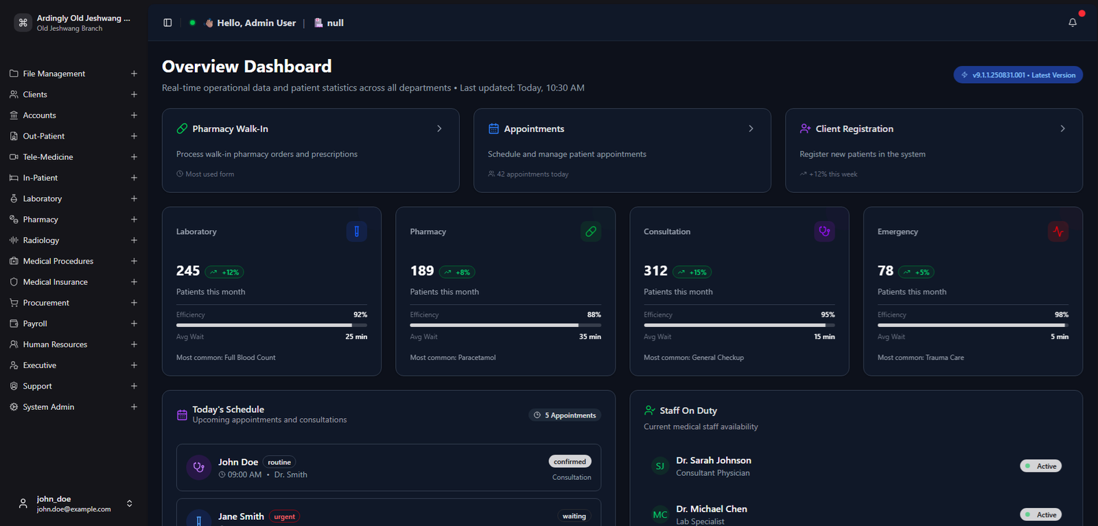 T-care HMS dashboard – dark mode
